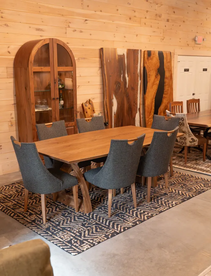 hickory dining table with modern rustic fabric dining chairs