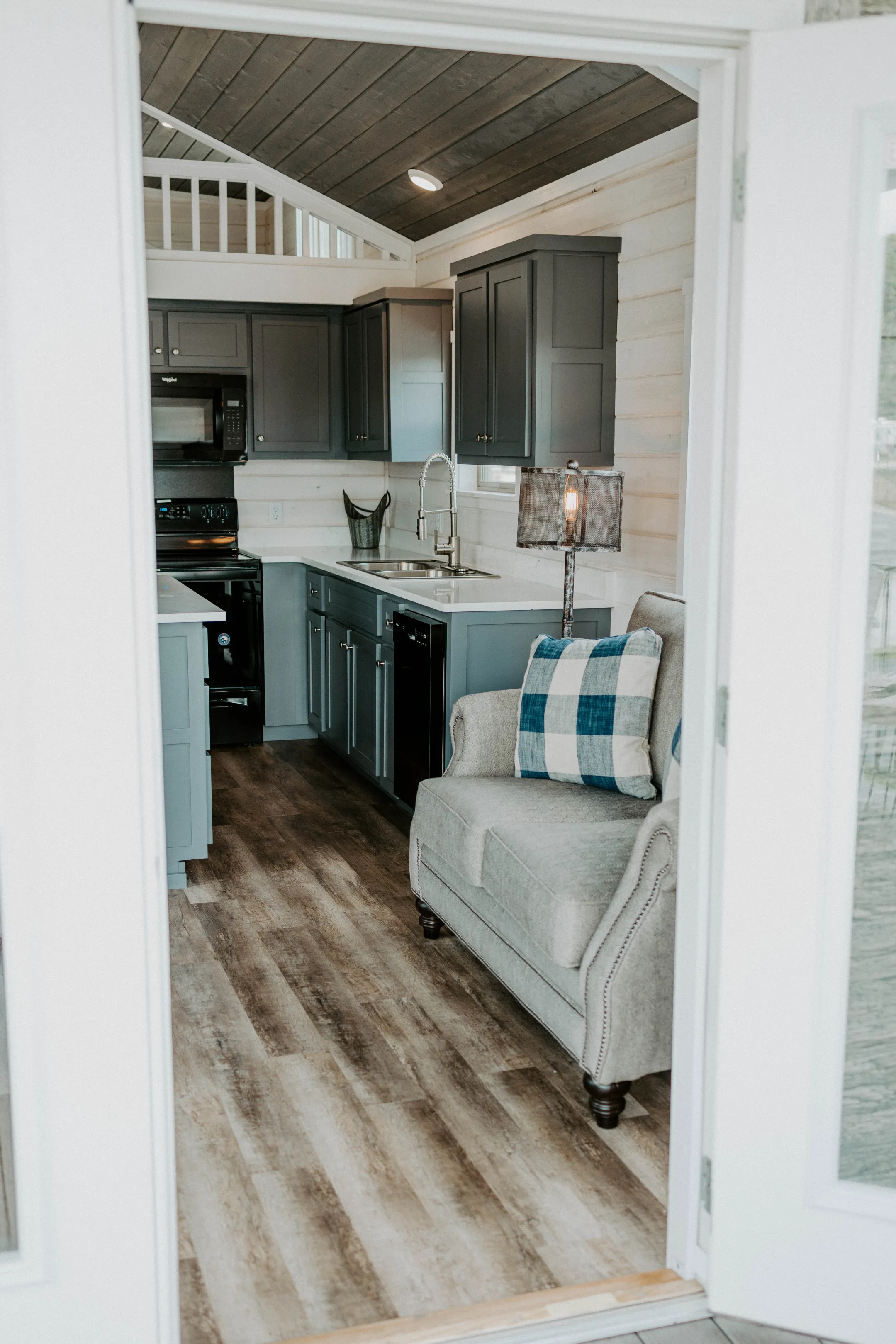 farmhouse home blue and white plaid accent chair