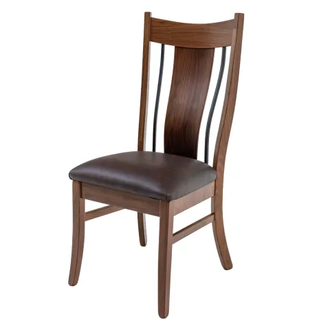 black walnut dining chair with leather seat and wrought iron bars