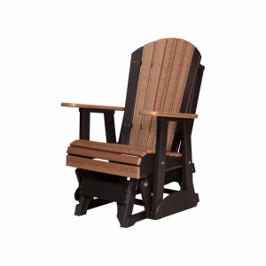 A wooden Adirondack chair with a black base and armrests, curved backrest, and seat, features a blend of natural materials against a white background.