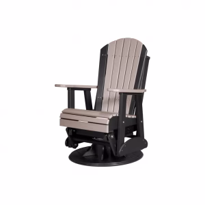 A black and beige Adirondack chair with a curved backrest and armrests sits on a black circular base, positioned against a white background.