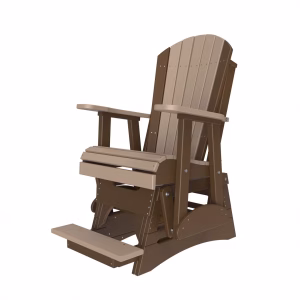 A wooden Adirondack chair with a brown frame, beige seat, and armrests is captured from a three-quarter angle against a white background.