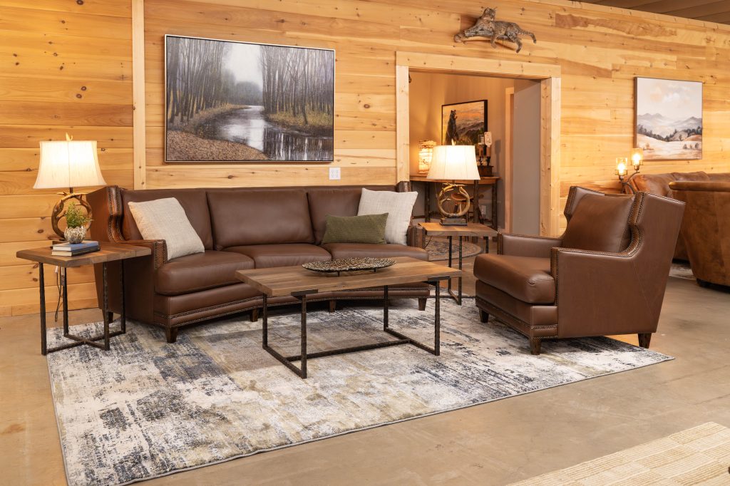 top grain curved leather sofa with wingback chair