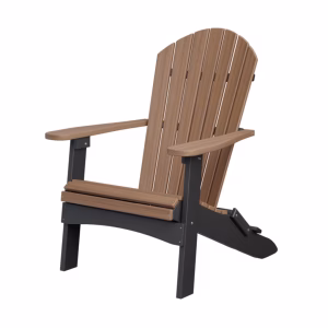 A wooden Adirondack chair with brown slats, black legs, and a foldable seat and back stands against a white background, showcasing its sturdy construction.