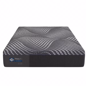 A black Sealy Posturepedic Plus Hybrid mattress with a black and white striped pattern and blue logo is shown against a white background.