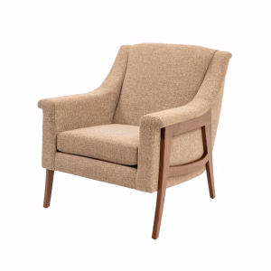 A beige armchair with wooden frame and legs, adorned with a woven pattern, faces right against a white background.