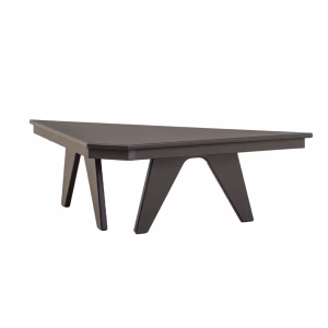 A sleek black coffee table with triangular top and four angled legs stands against a white background, appearing new and unused.