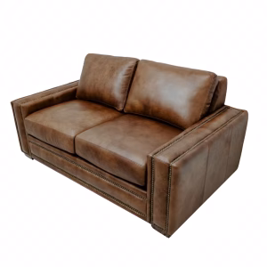 A brown leather sofa with a classic design, two armrests, and a slightly curved backrest sits against a white background, emphasizing its minimalist aesthetic.