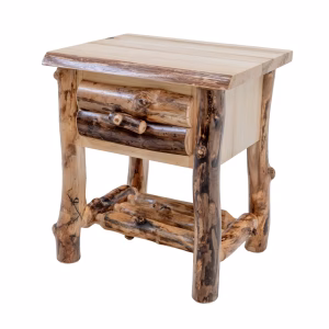 A rustic log side table featuring a single drawer and a lower shelf, crafted from natural wood with a rough-hewn finish.