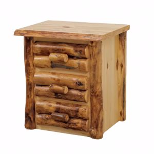 A wooden nightstand with six drawers and a flat top, constructed from natural wood grain and featuring a rustic charm, stands against a white background.