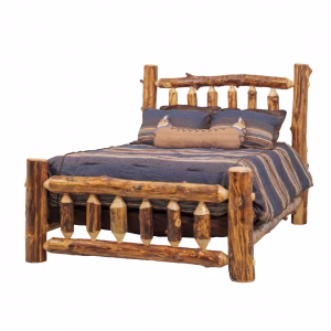 A wooden bed with a blue and brown striped comforter features a headboard and footboard with curved posts, accompanied by two pillows and a decorative pillow against a white background.