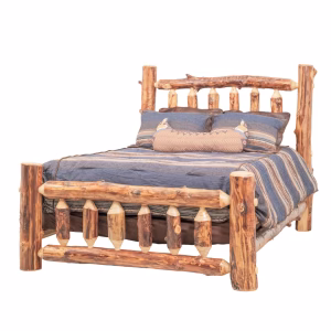 A rustic log bed frame with blue and grey striped bedding and a beige accent pillow.