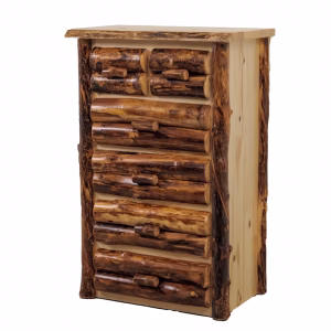 A light-colored wooden dresser with a natural, rustic finish features nine drawers crafted from stacked tree trunks and adorned with wooden handles.