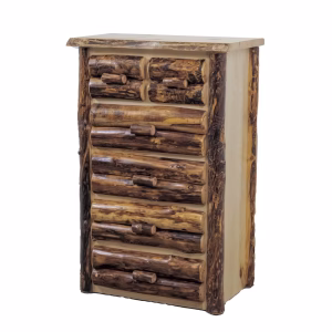 A rustic wooden chest of drawers featuring drawer fronts and handles crafted from natural logs.
