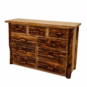 A rustic wooden dresser with a natural finish and log handles stands against a white background, showcasing its rugged and organic design.
