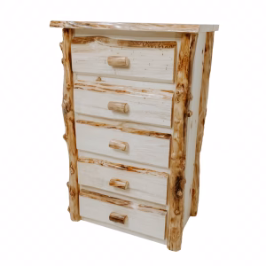 A white wooden chest of drawers with six light-colored drawers and dark brown handles stands against a white background, framed by tree branches.