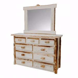 A rustic-style wooden dresser with nine drawers and a mirror stands against a white background, showcasing its weathered and rustic appearance.