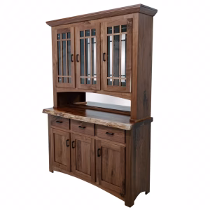 A dark wooden hutch with glass-paneled doors, curved front, and drawers underneath stands against a white background, showcasing its rustic and elegant design.
