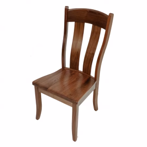 A dark wooden chair with a curved backrest and four legs stands against a white background, showcasing its rich, warm tones.