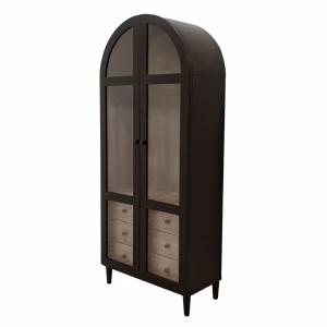 A tall, elegant black wooden cabinet with glass doors, white drawers, and six drawers stands against a white background, showcasing its clean lines and minimalist design.