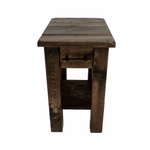 A dark wooden end table with a drawer and shelf stands against a white background, showcasing its rustic charm.