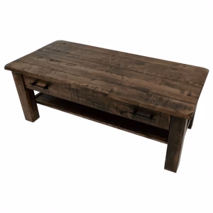 A dark wooden coffee table with a rectangular top, drawers, and black metal handles stands on four legs against a white background.