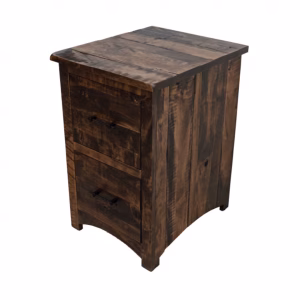 A dark wooden end table with two drawers and black handles stands against a white background, showcasing its rustic charm.