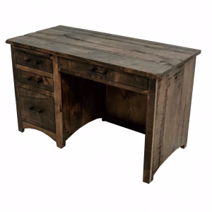 A dark wooden desk with a rectangular top, curved front, and three drawers stands against a white background, showcasing its rustic charm.