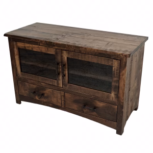 A dark wooden TV cabinet with two glass doors and black metal handles stands against a white background, showcasing a rustic and elegant design.