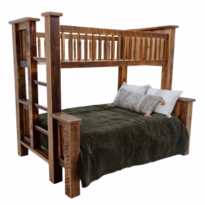 A wooden bunk bed with a dark green mattress and white pillows sits against a white background, showcasing its rustic charm.