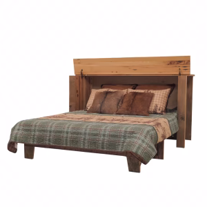 A wooden bed with a green and red plaid comforter and brown and beige pillows is accompanied by a wooden headboard and footboard, set against a white background.