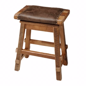 A wooden stool with a brown leather seat and rusted metal accents stands against a white background, showcasing a rustic aesthetic.