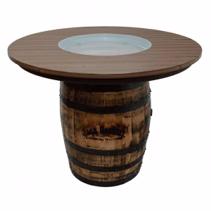 A wooden table, crafted from a repurposed Jack Daniel's barrel, features a black-rimmed white top and displays a logo, evoking a rustic charm.