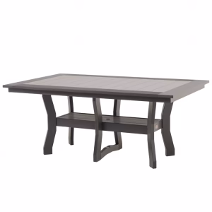 A black outdoor dining table with a gray top and curved legs stands against a white background, ready for a meal.