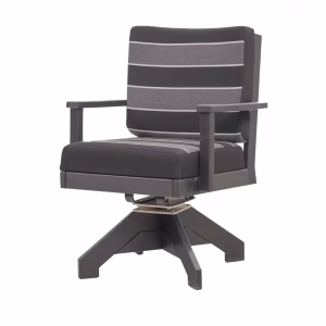 A black and gray striped swivel chair with a wooden base and silver metal legs stands against a white background, showcasing its modern design.