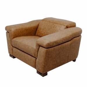 A tan leather armchair with curved backrest and armrests, wooden legs, and subtle texture, is positioned at a slight angle against a white background.