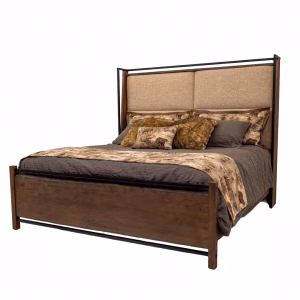 A wooden bed with a beige headboard and brown and beige bedding, set against a white background.