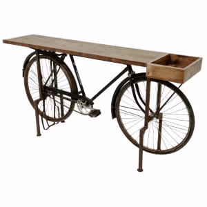 A vintage black bicycle, modified into a rectangular wooden table, features a wooden seat and pedestal, appearing to be in the process of being assembled or displayed.