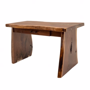 A wooden desk with a natural, uneven edge features a drawer and visible grain, contrasting against a white background.