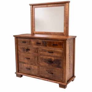 A light brown wooden dresser with nine drawers and a rectangular mirror stands against a white background, showcasing its craftsmanship.
