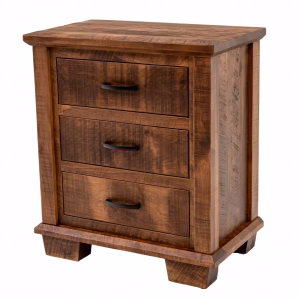 A dark wooden nightstand with three drawers and black metal handles stands against a white background, showcasing a rustic-modern design.