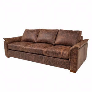 A brown leather sofa with three cushions, armrests, and wooden legs, features a textured pattern and sturdy wooden legs against a white background.