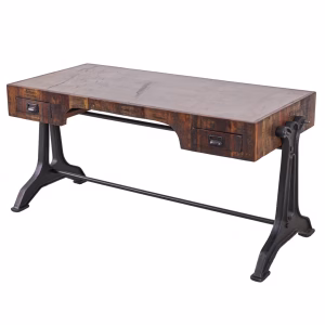 A dark wooden desk with a gray concrete top, black metal legs, and two drawers stands against a white background.
