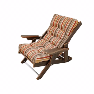 A wooden lounge chair with a four-seater design, featuring brown, orange, and white striped cushions, stands against a white background.