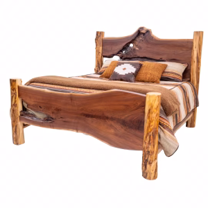 A wooden bed with a headboard and footboard, crafted from dark wood and featuring an organic design, stands against a white background.