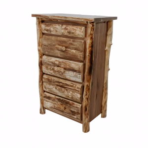 A rustic wooden dresser with six drawers and a flat top, featuring natural wood grain and knots, stands against a white background.