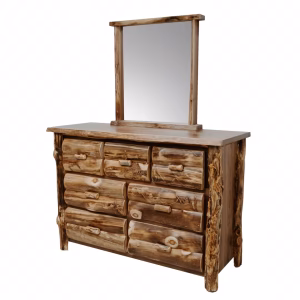 A rustic wooden dresser with eight drawers and a rectangular mirror stands against a white background, showcasing its natural finish and rustic design.