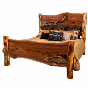 A wooden bed with curved headboard and footboard, featuring natural wood grain and rough texture, is adorned with colorful pillows and a beige comforter.