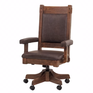 A dark wooden office chair with a high backrest, armrests, and wheels sits against a white background, displaying a well-crafted and professional appearance.