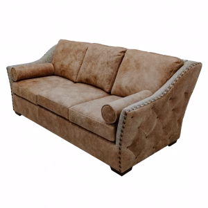A beige leather sofa with tufted backrest, armrests, and button tufting, accompanied by matching brown armrest cushions, rests on sturdy wooden legs.
